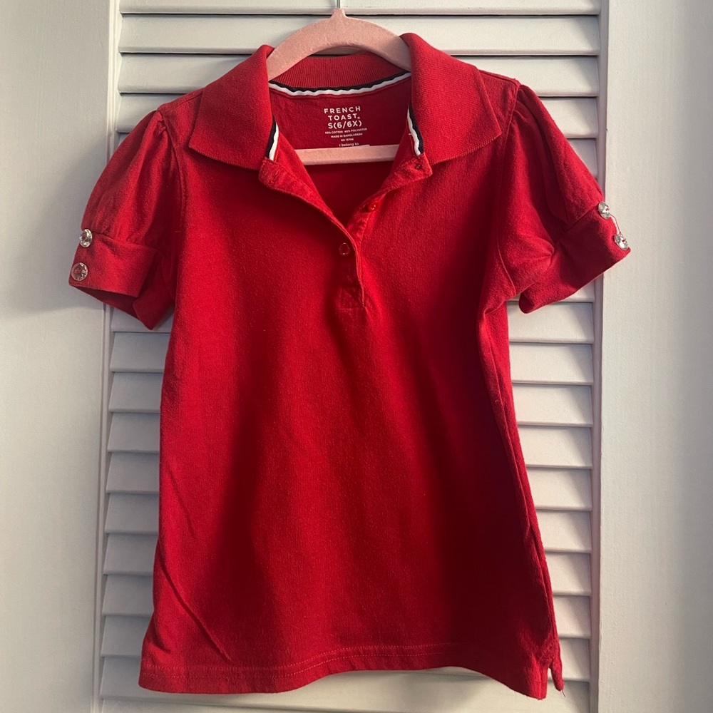 French Toast School Uniform Shirt,Puff Sleeves W/Accent Crystal Buttons- 6/6X